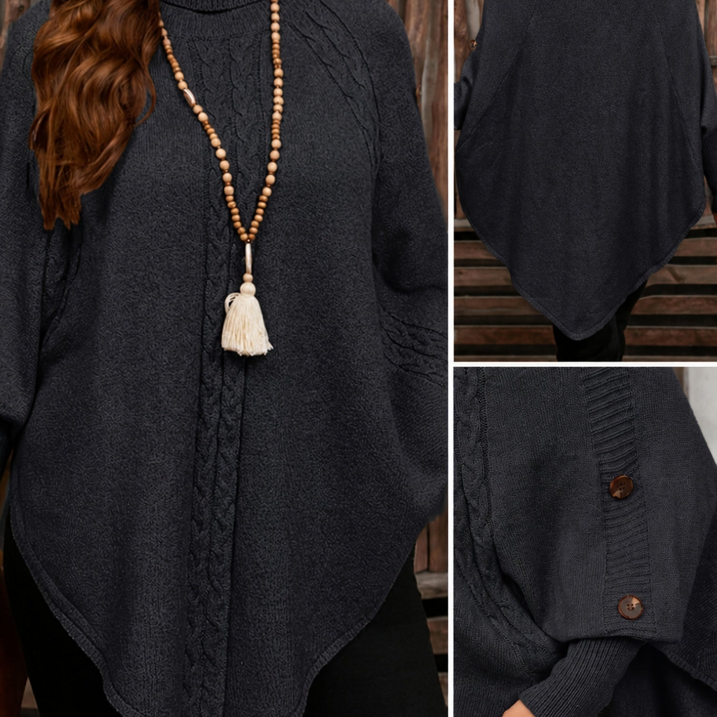 Pull poncho en tricot à col roulé et tresses avec boutons décoratifs pour femme