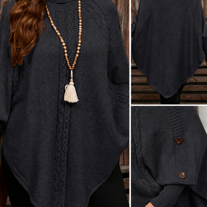 Pull poncho en tricot à col roulé et tresses avec boutons décoratifs pour femme
