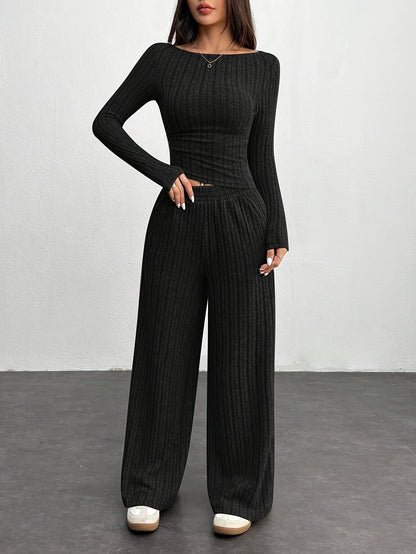 Ensemble côtelé femme 2 pièces pull court et pantalon large gris