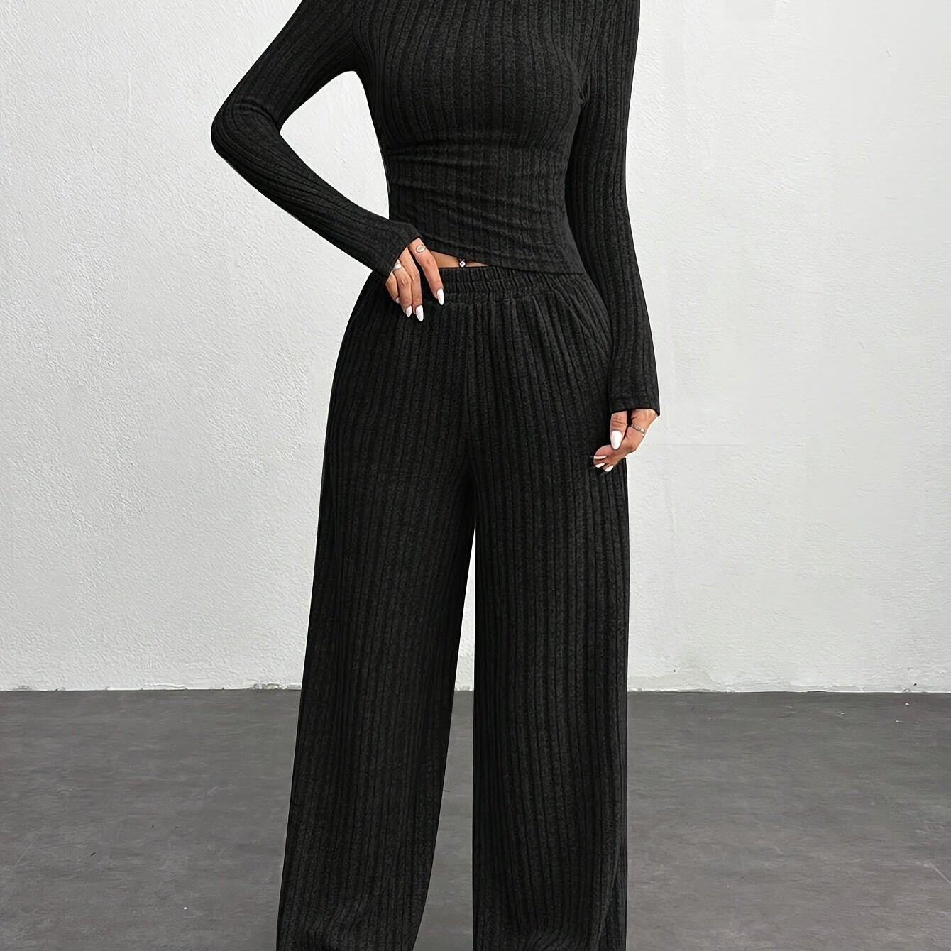 Ensemble côtelé femme 2 pièces pull court et pantalon large gris