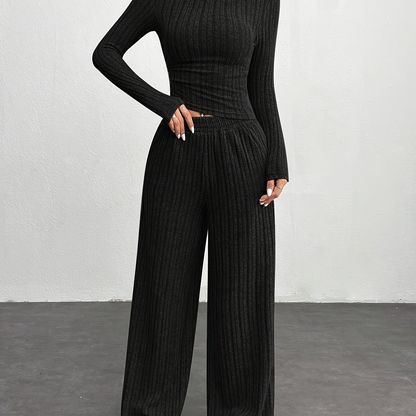 Ensemble côtelé femme 2 pièces pull court et pantalon large gris