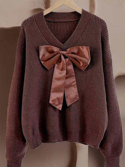 Pull en maille côtelée col V avec grand nœud décoratif pour femme