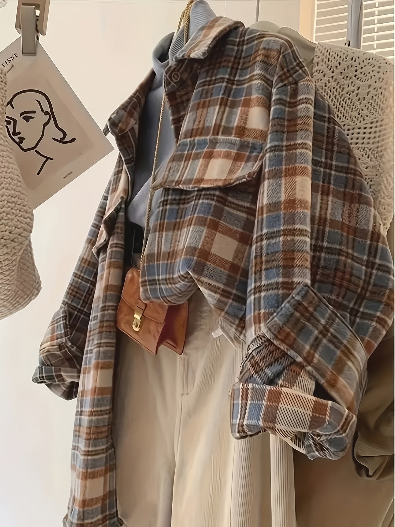 Surchemise à carreaux oversize Femme marron beige bleue décontractée