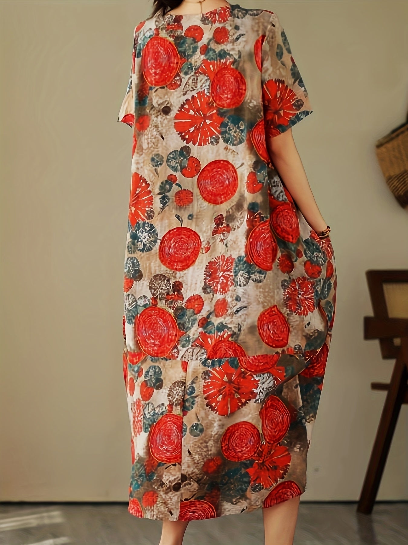 Abito casual a maniche corte da donna stile artistico bohémien ampio con stampa geometrica e botanica