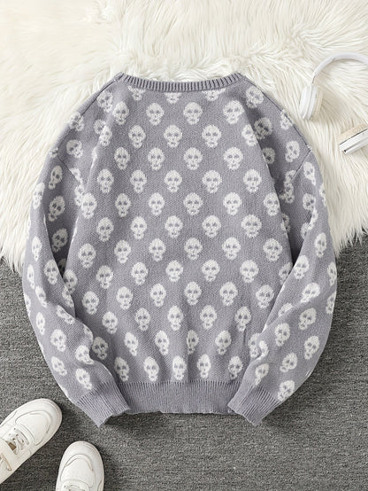 Pull col rond à motif têtes de mort en tricot doux
