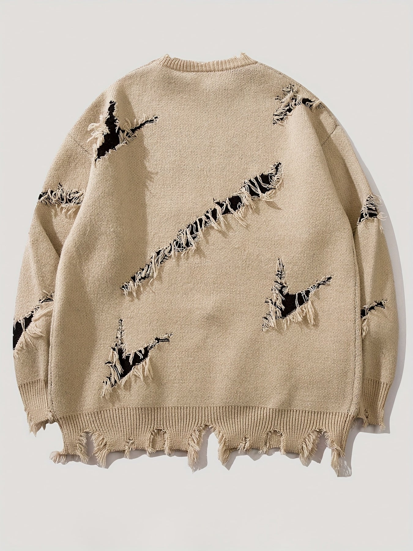 Pull homme décontracté beige à col rond avec motif visage coloré et détails déchirés
