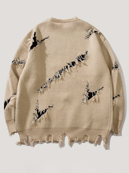 Pull homme décontracté beige à col rond avec motif visage coloré et détails déchirés
