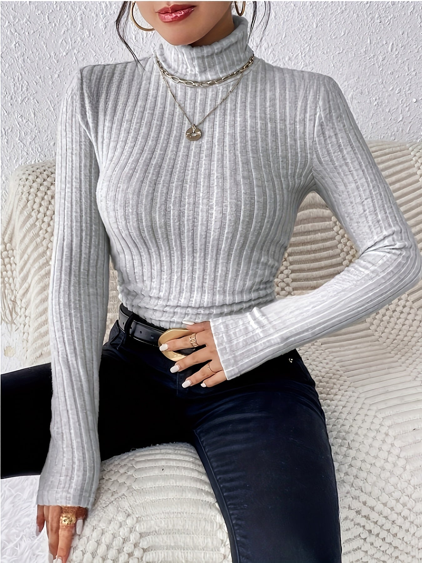 T-shirt Femme Col Montant Nervuré Manches Longues Noir