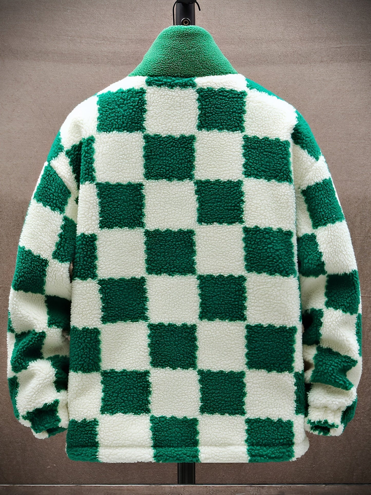 Veste Polaire Homme à Carreaux Bicolores Douce Col Montant Fermeture Éclair