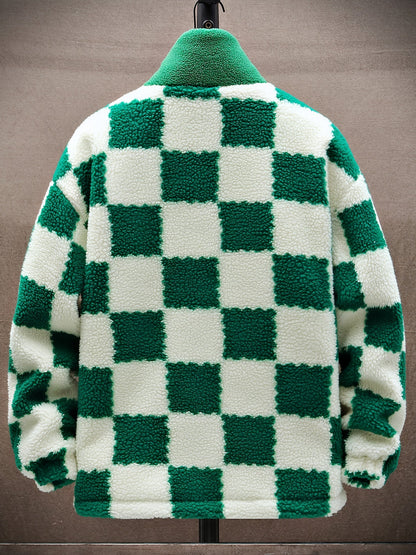 Veste Polaire Homme à Carreaux Bicolores Douce Col Montant Fermeture Éclair