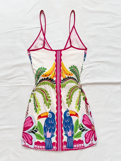 Abito portefeuille tropicale donna stile vacanze con stampa floreale e pappagallo