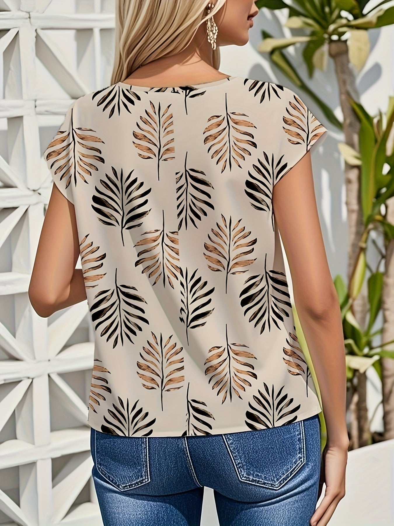 Blouse Femme Élégante à Imprimé Feuilles Style Printanier Été – Idéal pour Sorties Décontractées