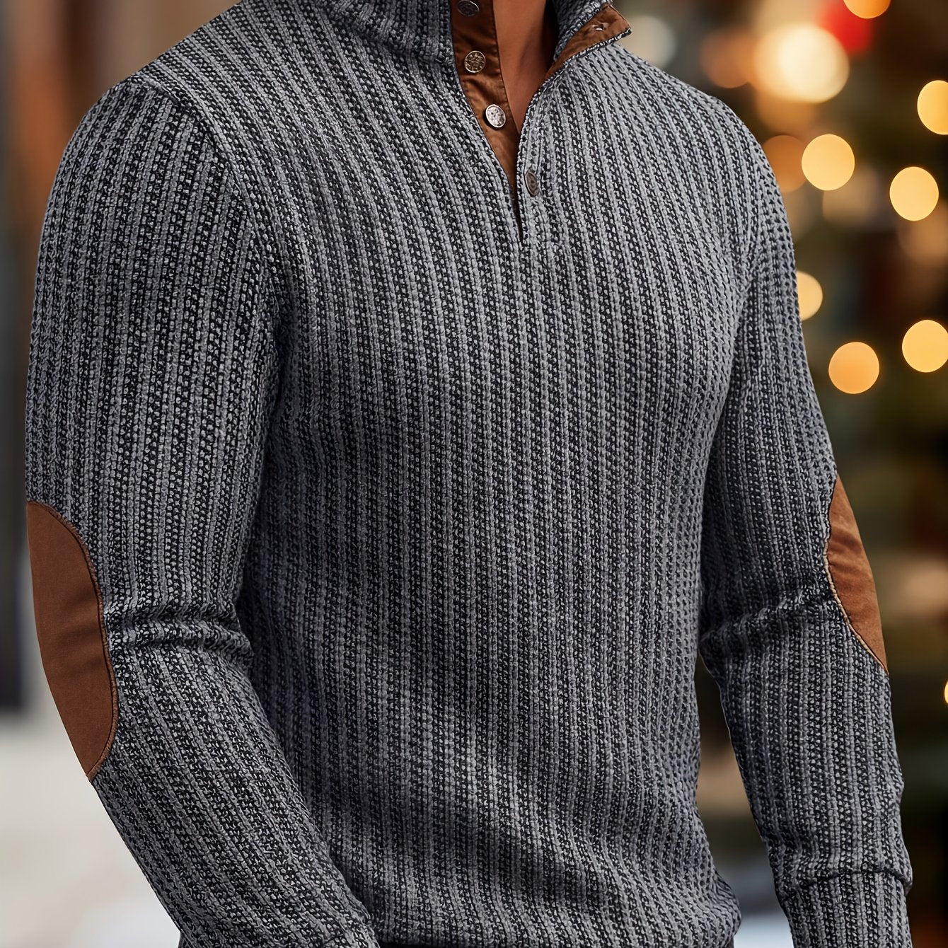 Pull homme à col montant boutonnable, motif tissé et empiècements aux coudes