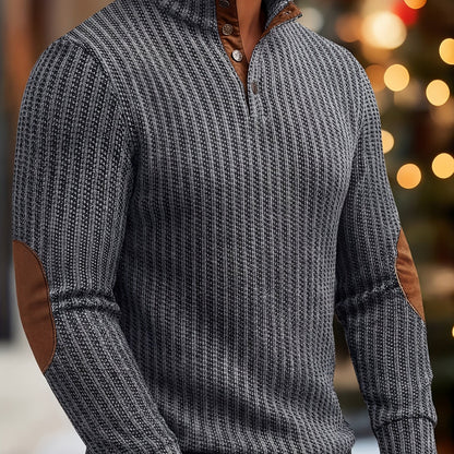 Pull homme à col montant boutonnable, motif tissé et empiècements aux coudes