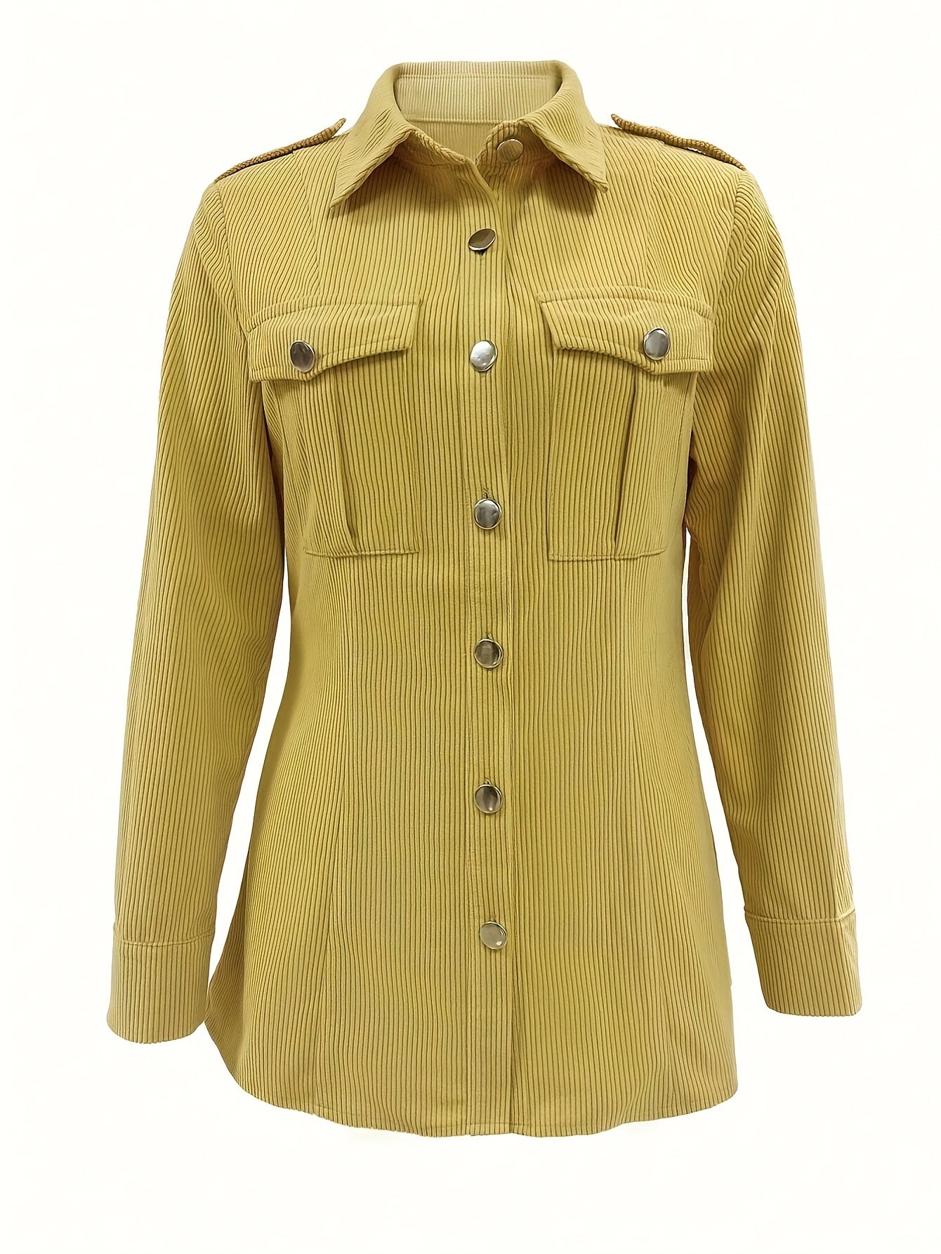 Surchemise Femme Côtelée Jaune Manches Longues Boutons Pression