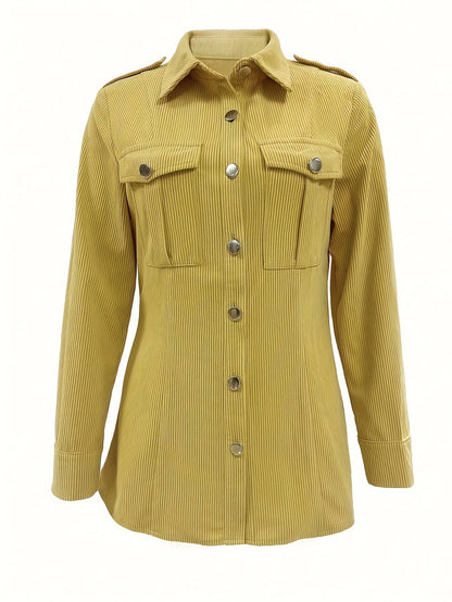 Surchemise Femme Côtelée Jaune Manches Longues Boutons Pression