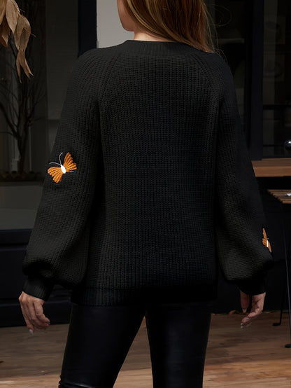Pull femme tricoté papillons brodés manches longues - Blanc ou Noir