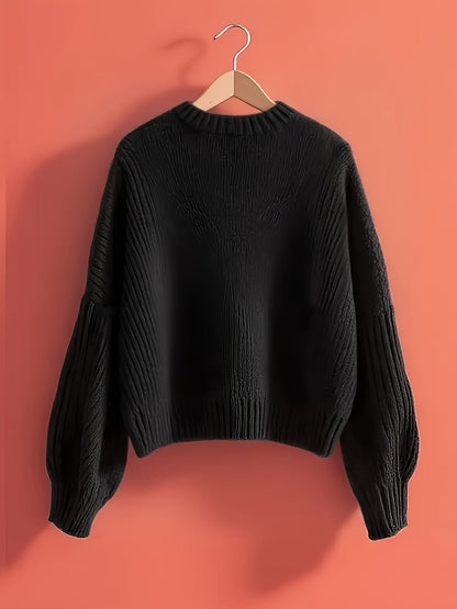 Pull en maille côtelée col V avec grand nœud décoratif pour femme