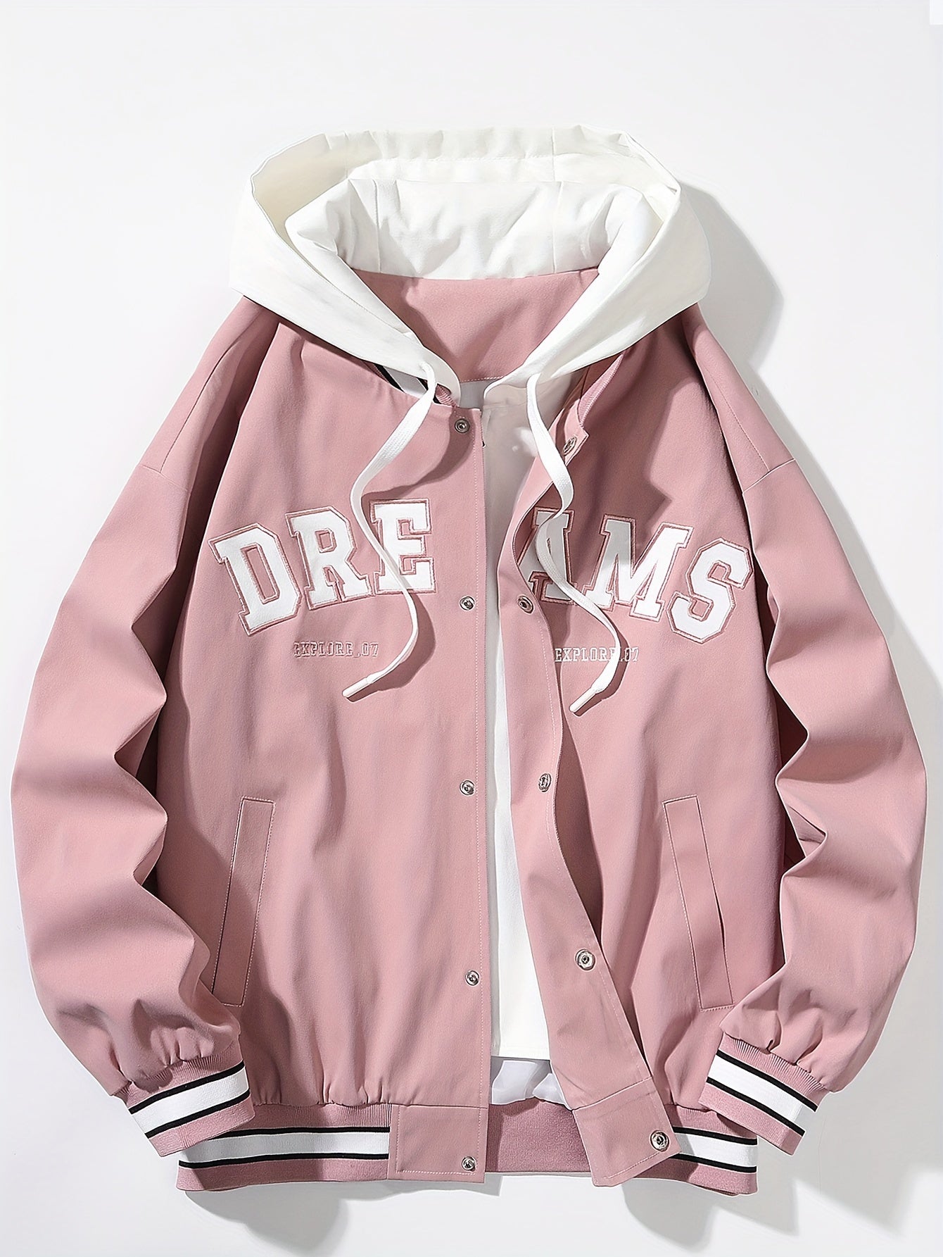 Veste universitaire bicolore blanche et marron pour homme avec capuche et inscription "DREAMS"