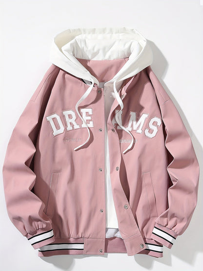 Veste universitaire bicolore blanche et marron pour homme avec capuche et inscription "DREAMS"