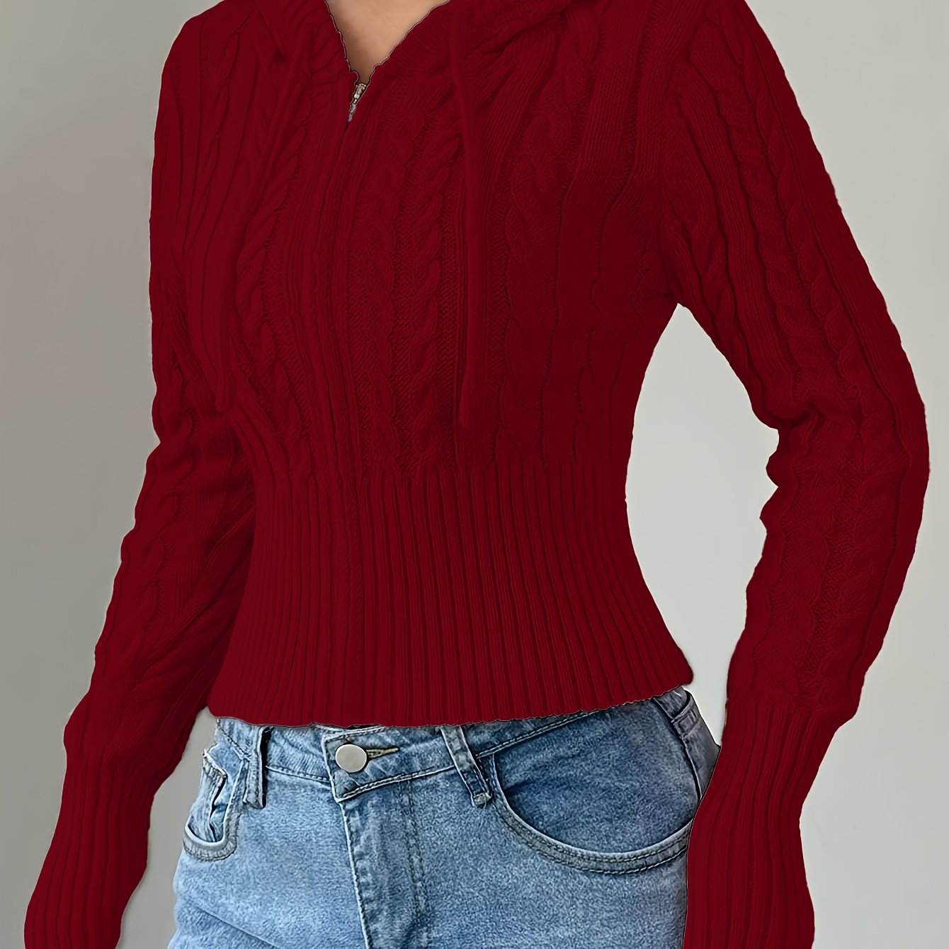 Sweat à capuche Femme tricoté torsadé court avec zip et cordon de serrage