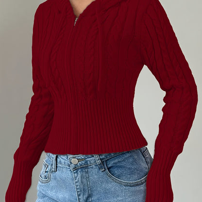 Sweat à capuche Femme tricoté torsadé court avec zip et cordon de serrage