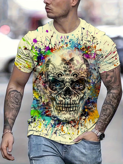 Herren T-Shirt große Größe urbaner Stil mit künstlerischem Totenkopf-Motiv