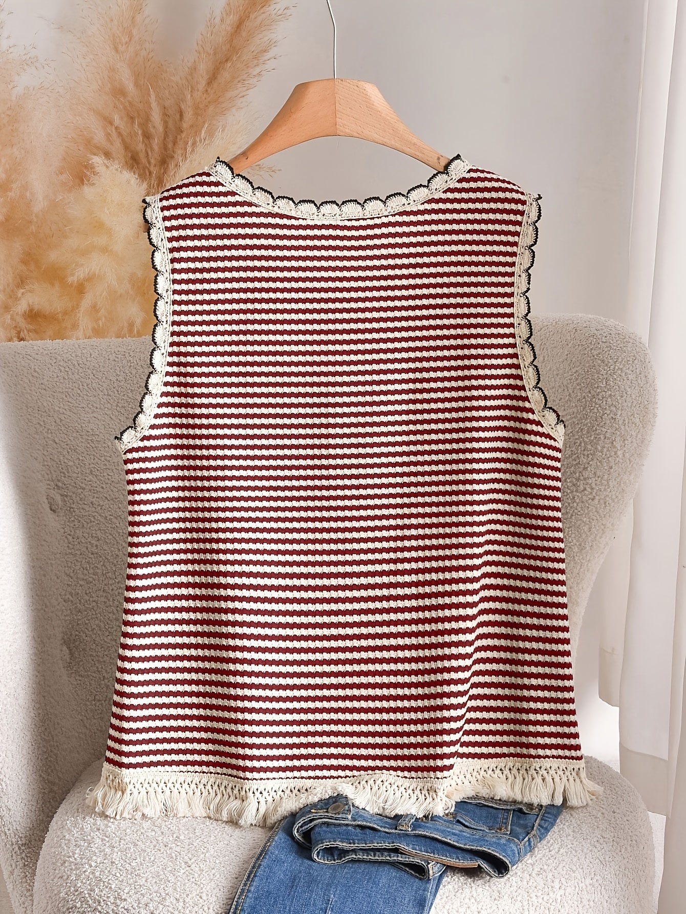 Dames tanktop grote maat elegante stijl met strepen en franjes, voor lente en zomer