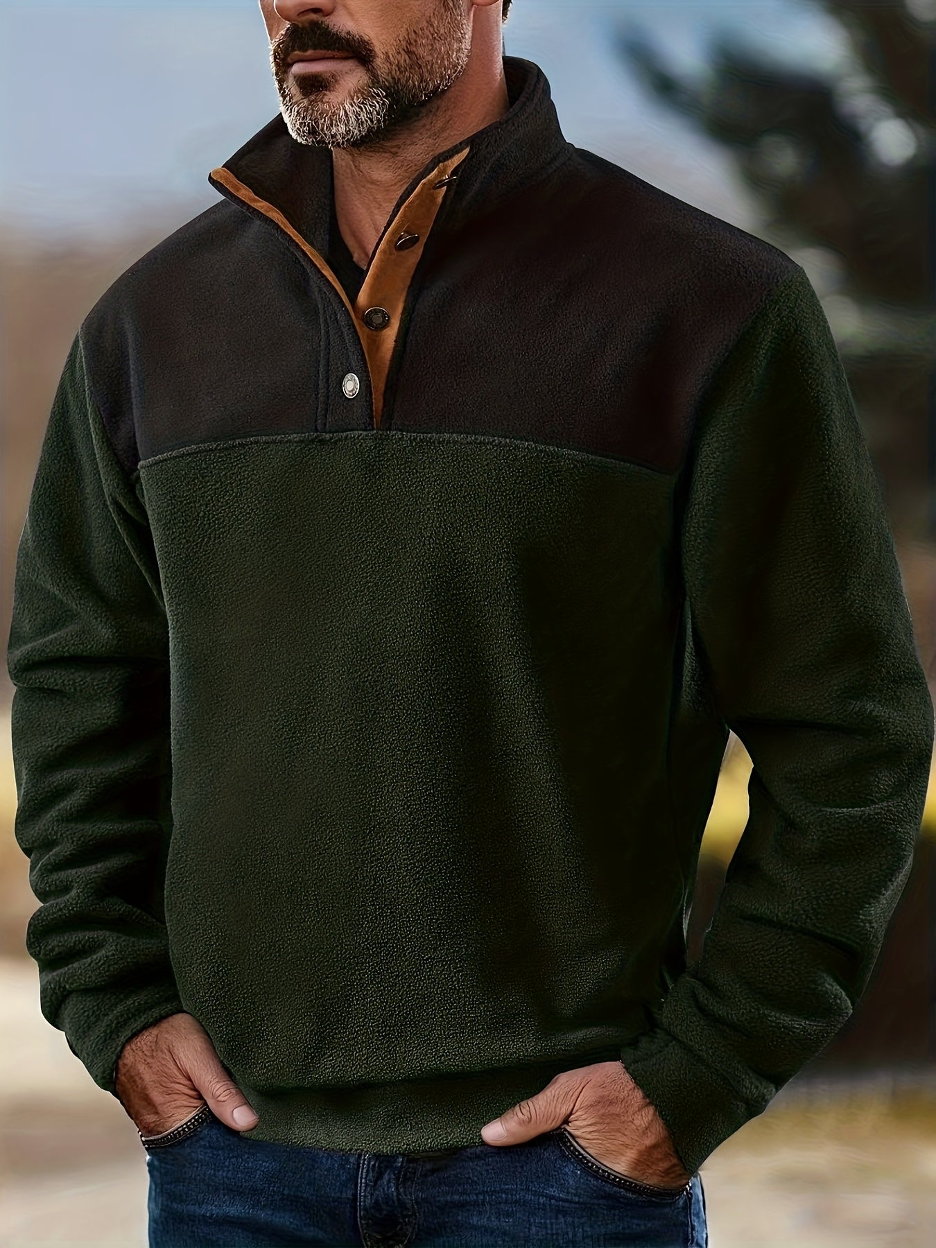 Pull Homme en Polaire Bicolore avec Col Montant et Boutons à Pression