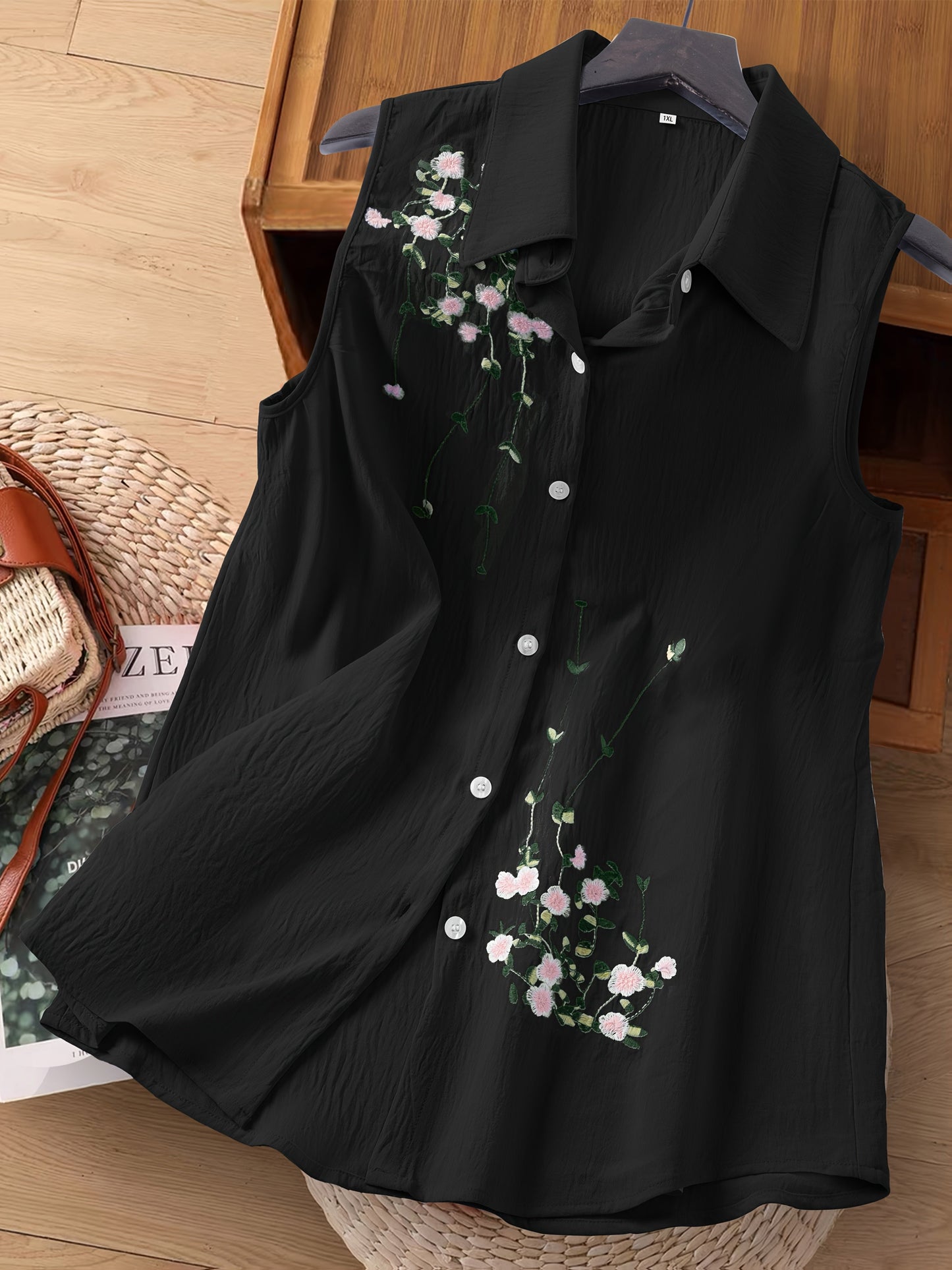 Chemisier sans manches femme style élégant avec broderie florale - Usage quotidien ou bureau