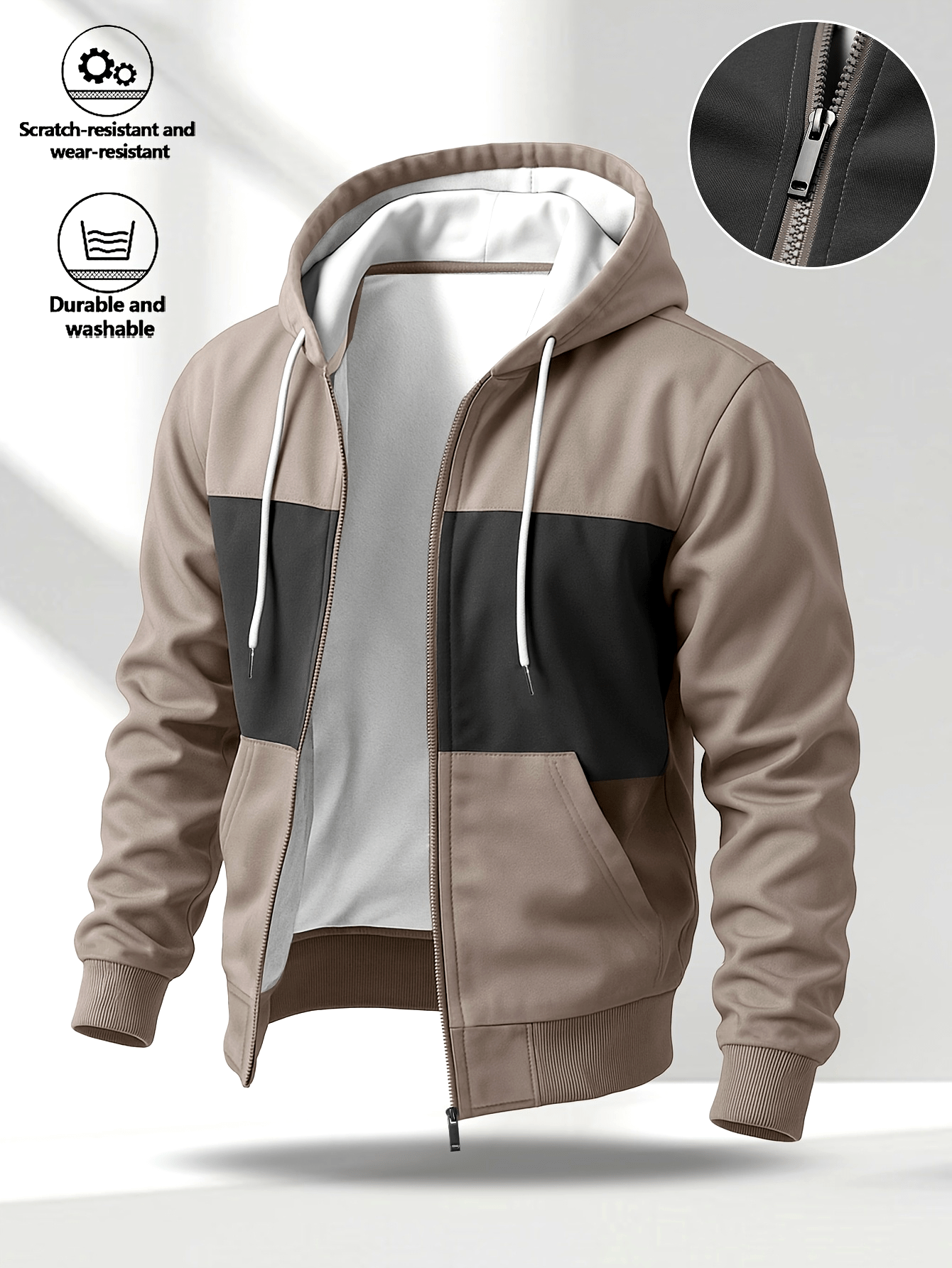 Sweat à capuche zippé bicolore pour homme avec poches latérales et cordon de serrage