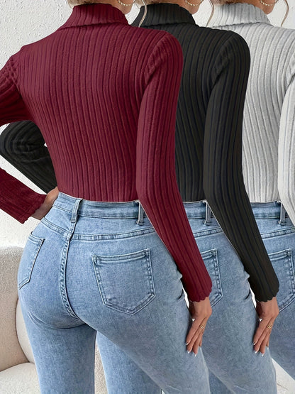Body côtelé col roulé manches longues femme uni diverses couleurs