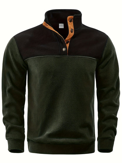 Pull Homme en Polaire Bicolore avec Col Montant et Boutons à Pression