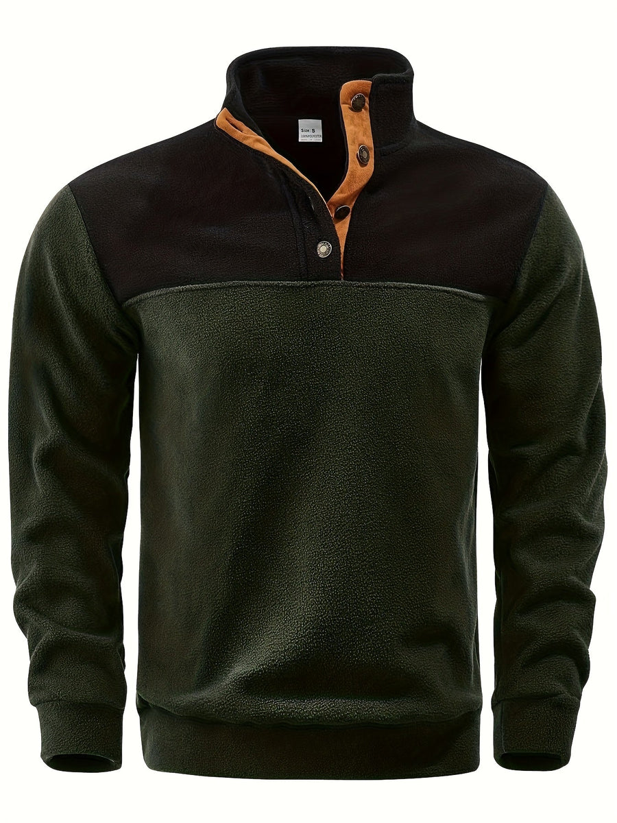 Herenfleece met twee kleuren, opstaande kraag en drukknopen