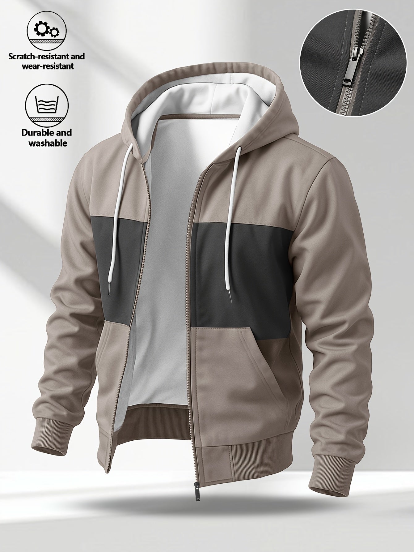 Sweat à capuche zippé bicolore pour homme avec poches latérales et cordon de serrage