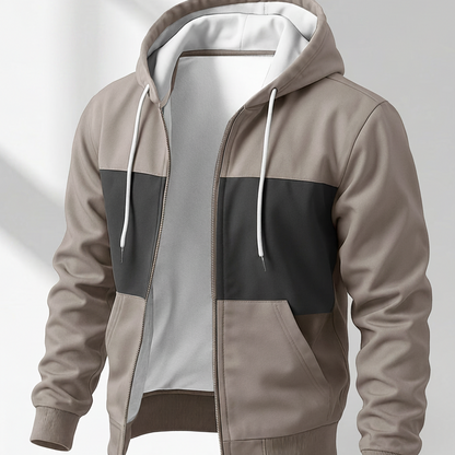 Sweat à capuche zippé bicolore pour homme avec poches latérales et cordon de serrage