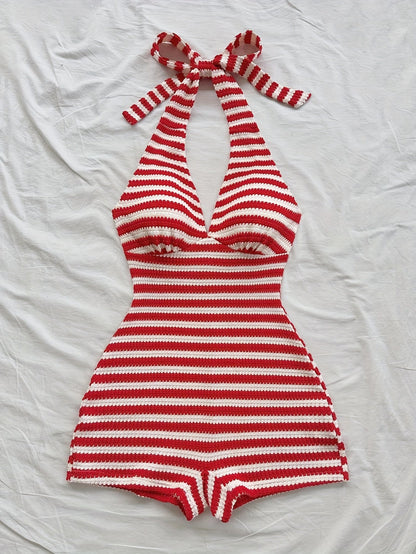 Damen Jumpsuit mit Shorts und Streifen im Retro-Stil mit Neckholder für Sommer und Strand