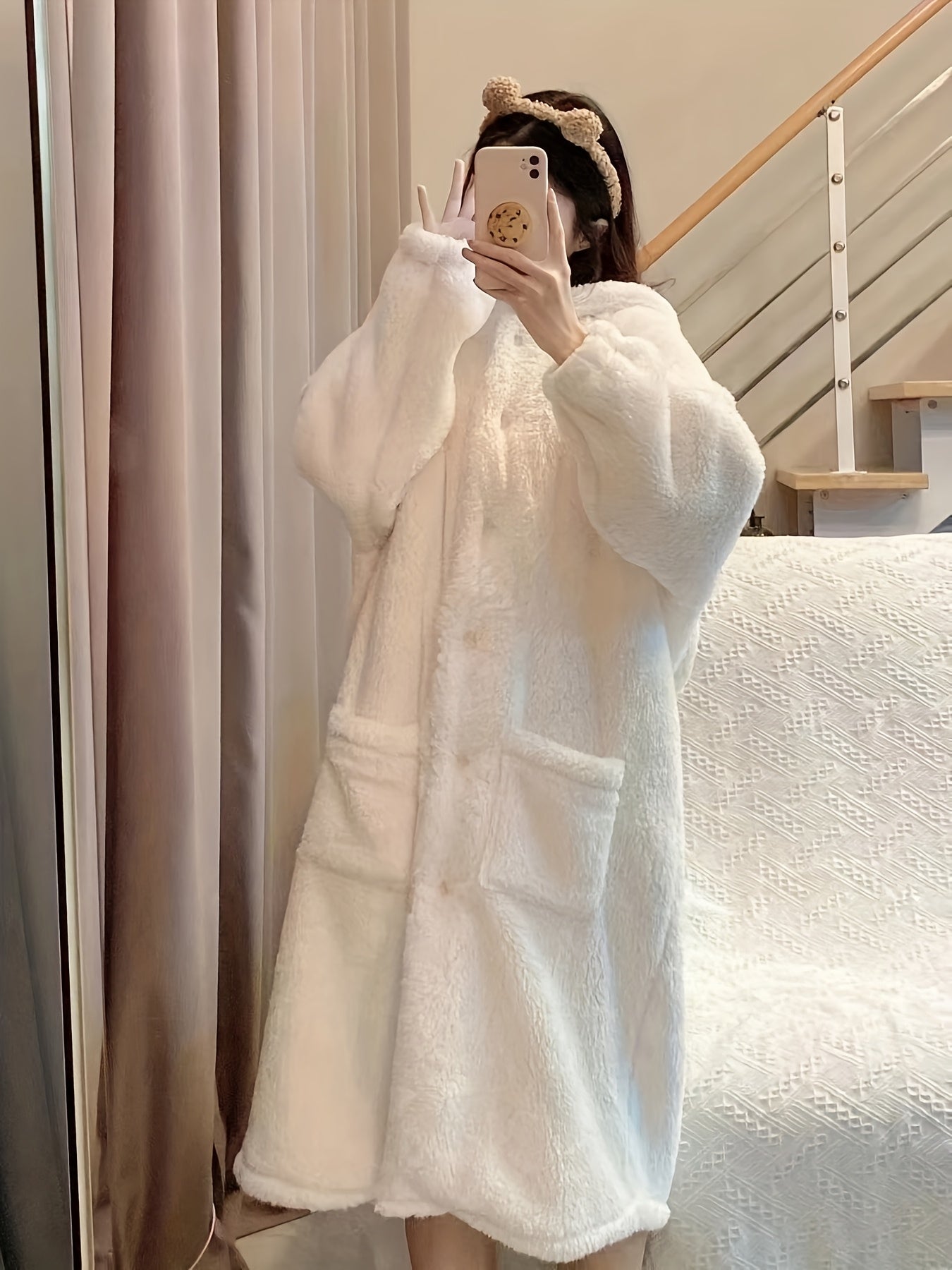Robe de chambre longue Femme à capuche Oreilles de lapin Blanc cassé Doux Polaire