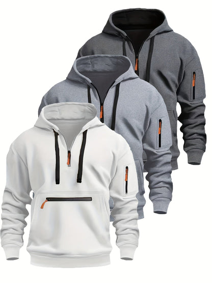 Sweat à Capuche Homme Zippé Mi-long avec Poche Kangourou et Manches Zippées