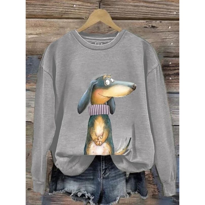 Damen-Sweatshirt mit Rundhalsausschnitt und fantasievollem Hundeaufdruck