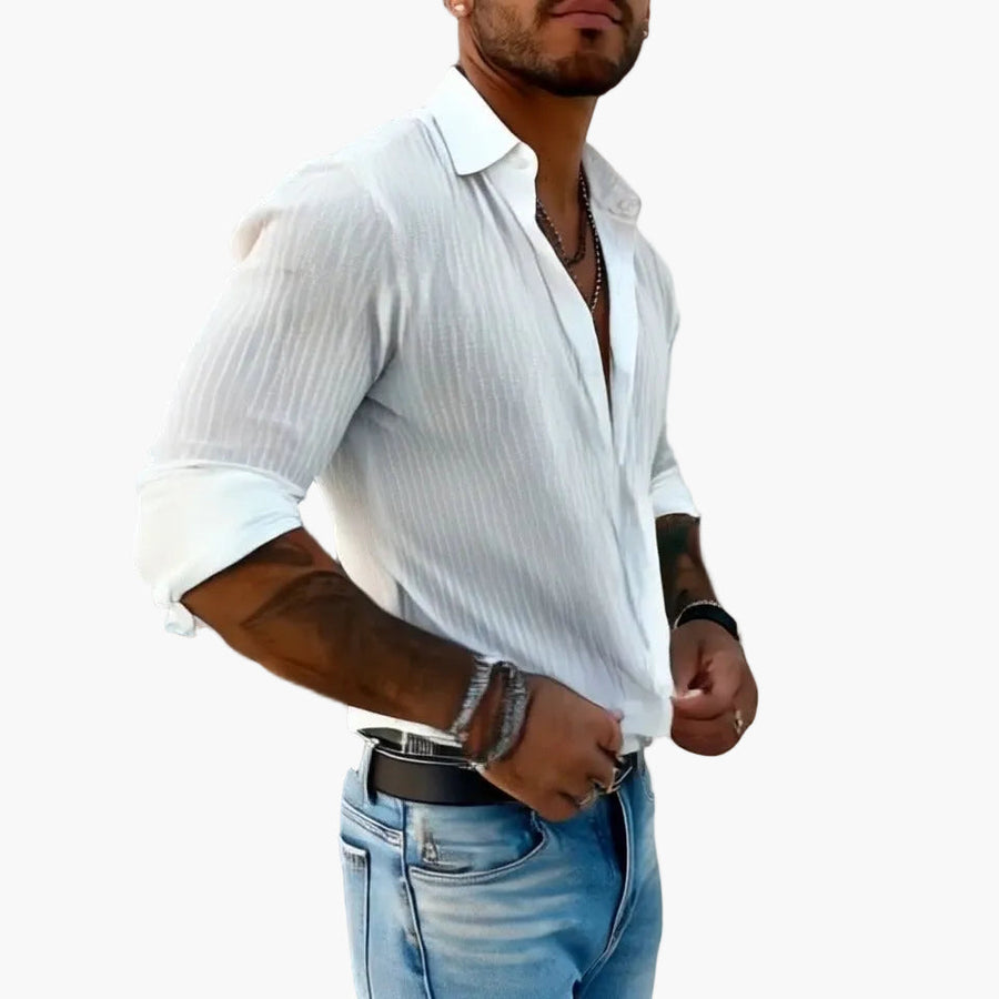 Chemise Homme Élégante à Rayures Style Décontracté Chic – Manches Longues et Col à Revers