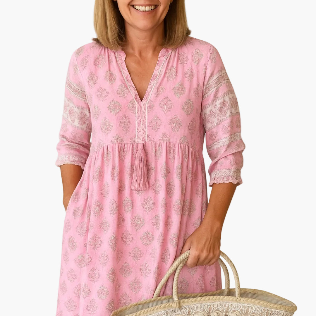 Robe mi-longue bohème pour femme, style décontracté avec imprimé et poches