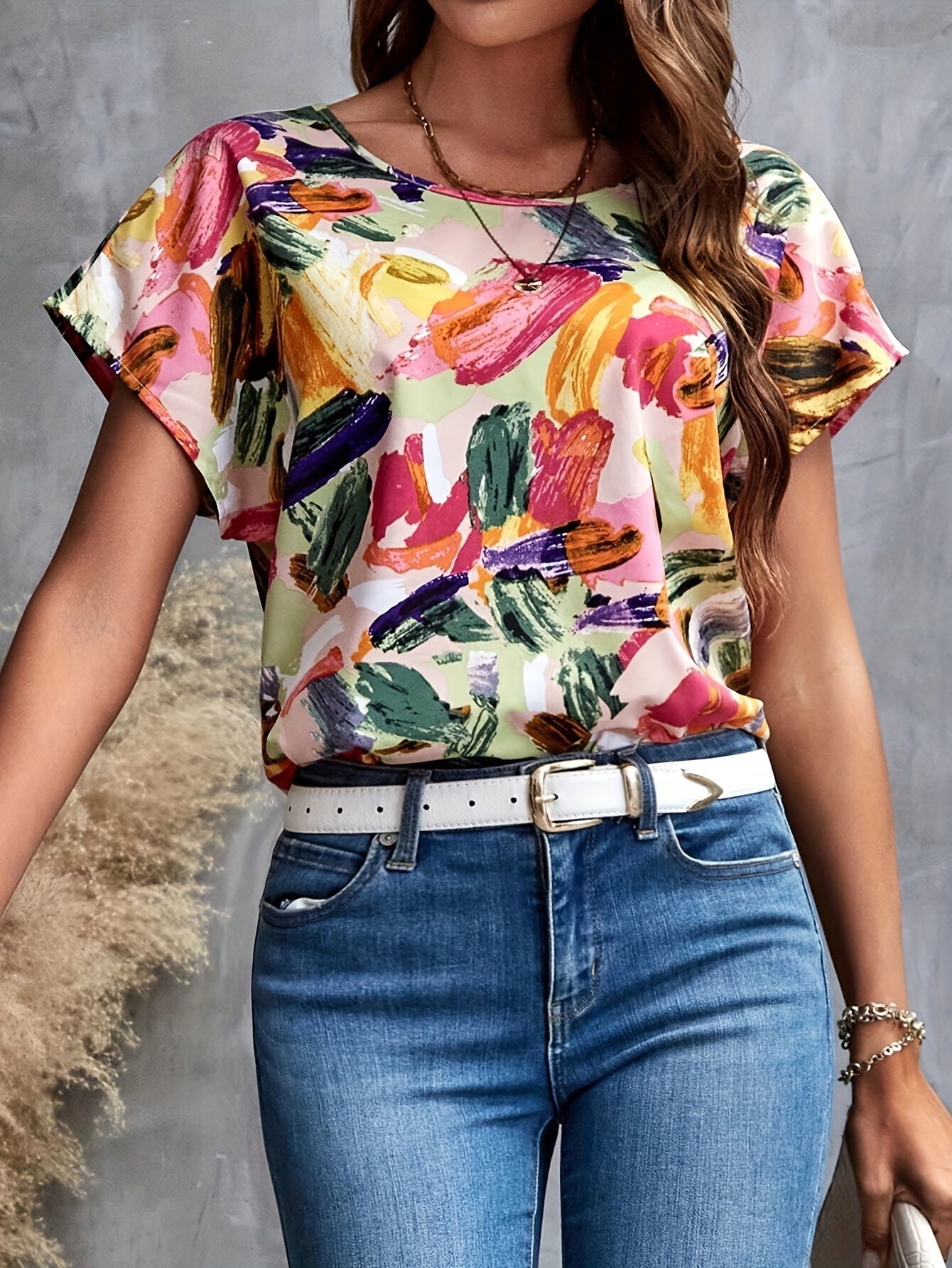 T-shirt femme coupe décontractée style artistique imprimé pinceaux – Élégant pour l'été