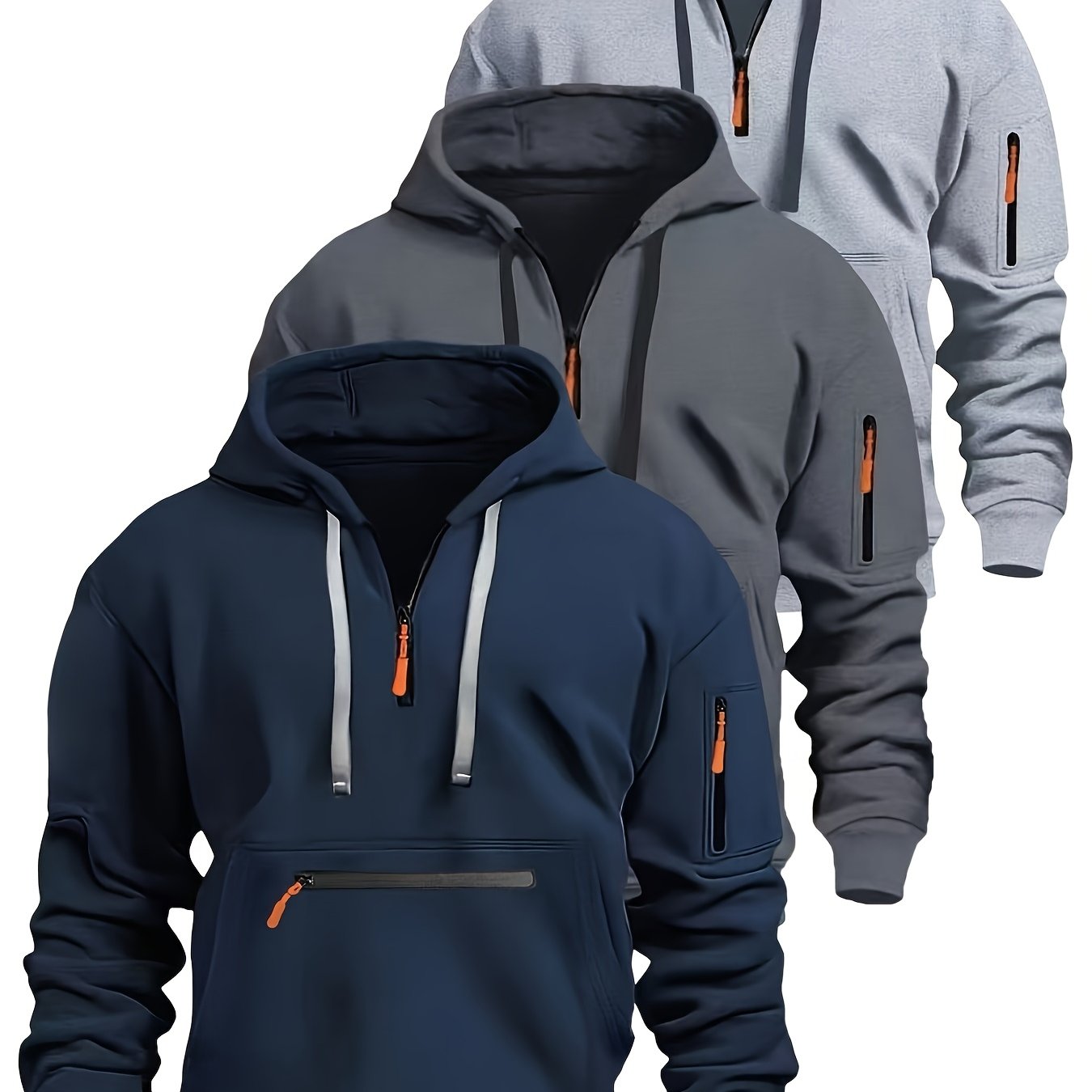 Sweat à Capuche Homme Zippé Mi-long avec Poche Kangourou et Manches Zippées