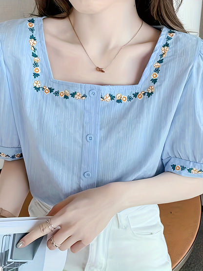 Elegant women's blouse with square neckline and floral embroidery, casual spring-summer style