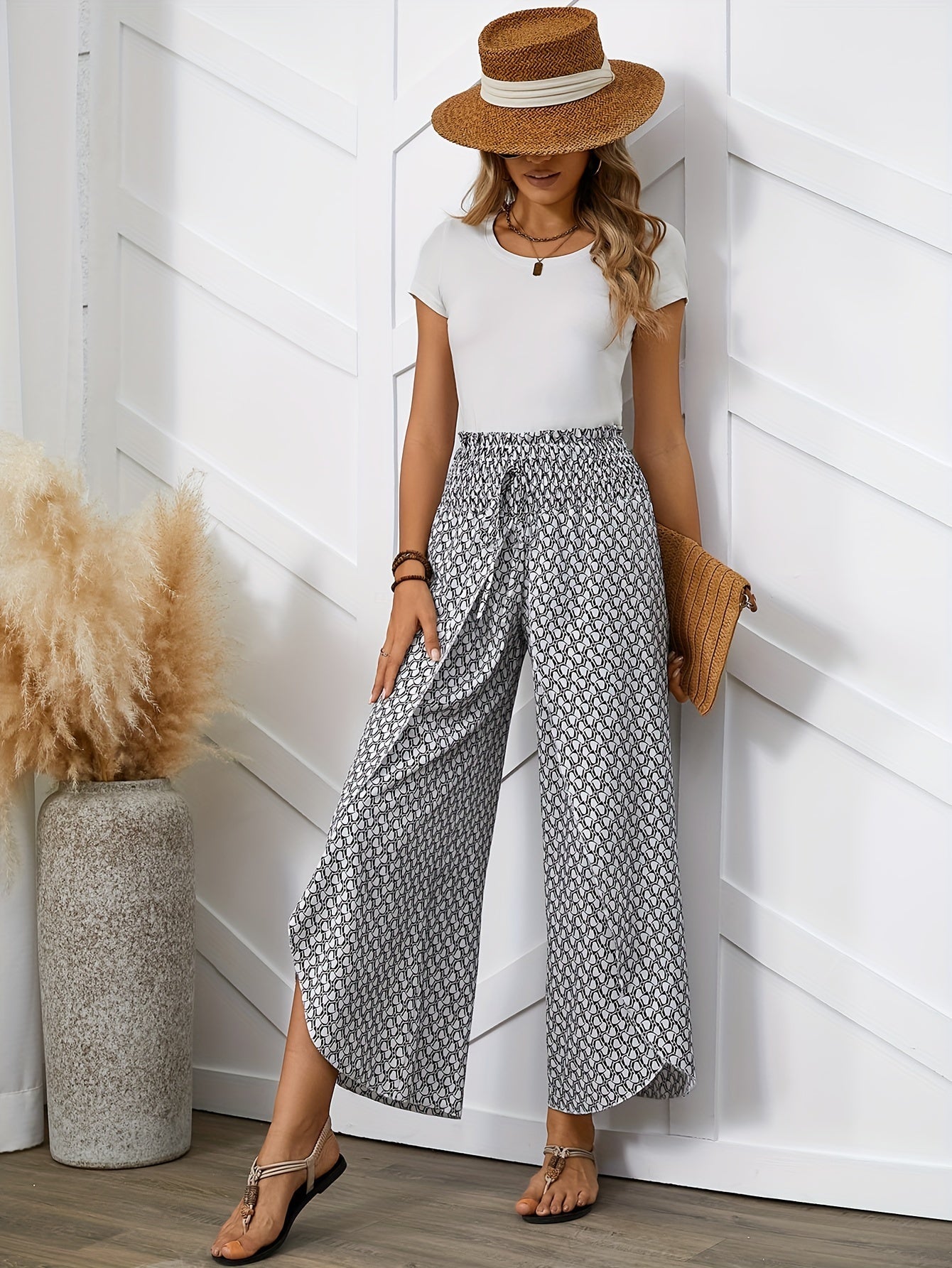 Weite Damenhose im eleganten Stil mit geometrischem Muster für Frühling/Sommer