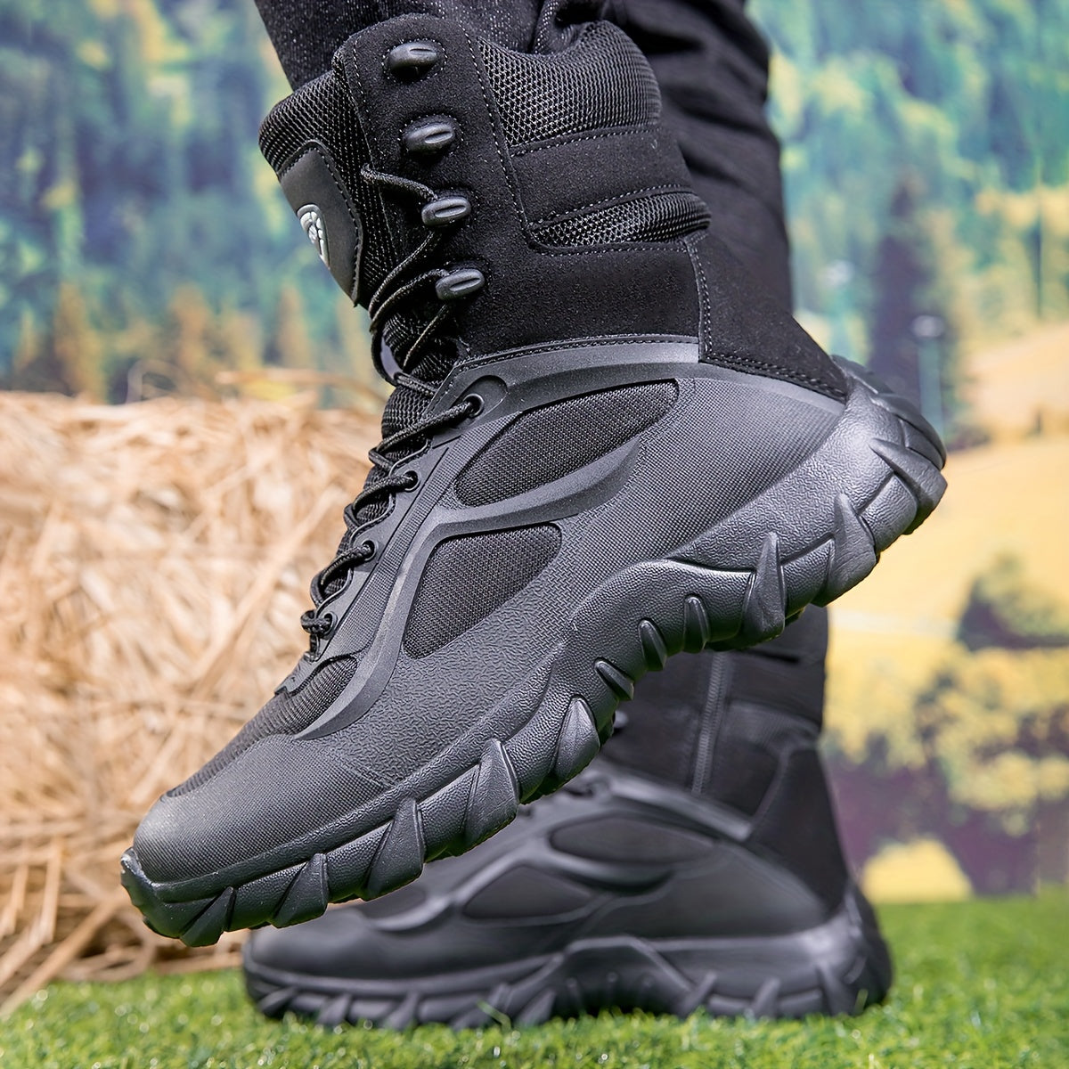 Bottes tactiques montantes noires à lacets et semelle crantée pour homme