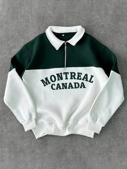 Sweatshirt Polo Bicolore Homme avec Fermeture Éclair Courte et Inscription "MONTREAL CANADA"