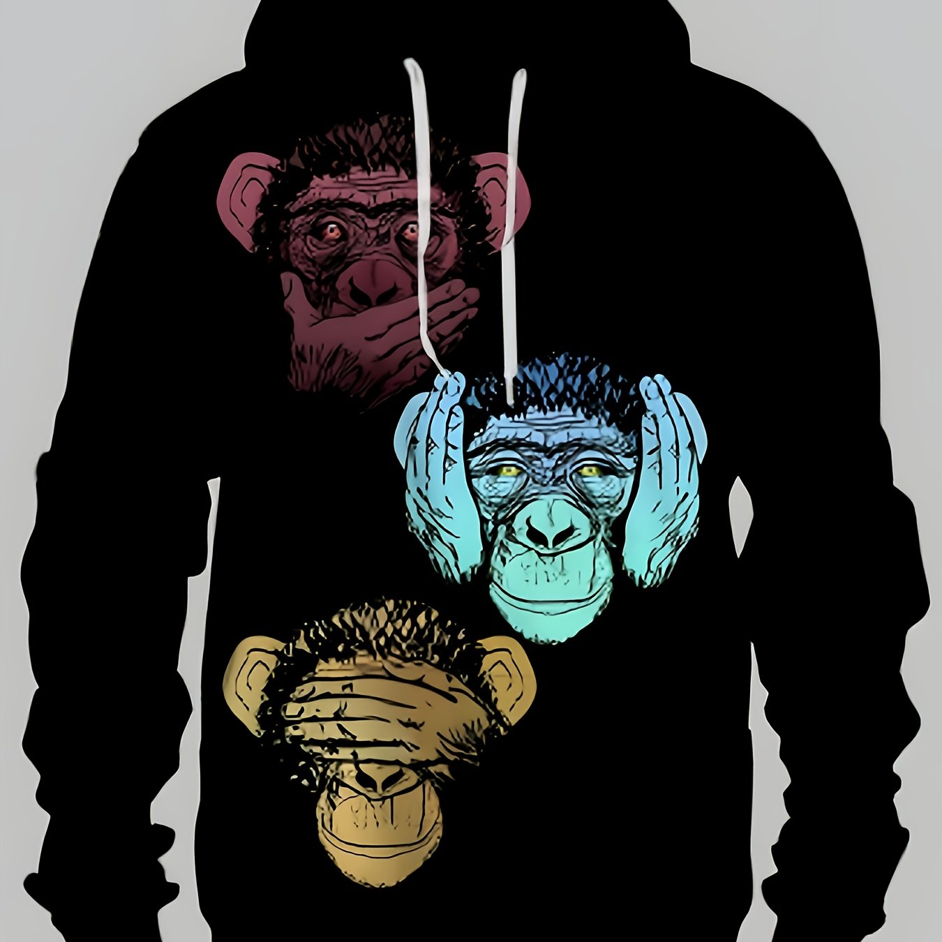 Sweat à capuche noir unisexe motif singes de la sagesse imprimés