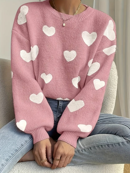 Pull col rond ample en maille blanc avec cœurs beiges